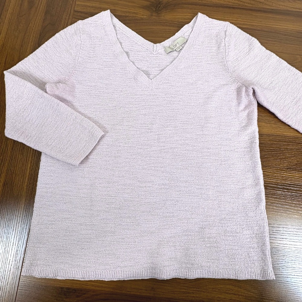LOFT‎ Lavender Lilac Textured Knit V Neck Sweater 3/4 Sleeve Women's Size M